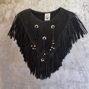 Vintage HB Black Suede Leather Fringe Poncho Collar Concho Beaded Western USA
